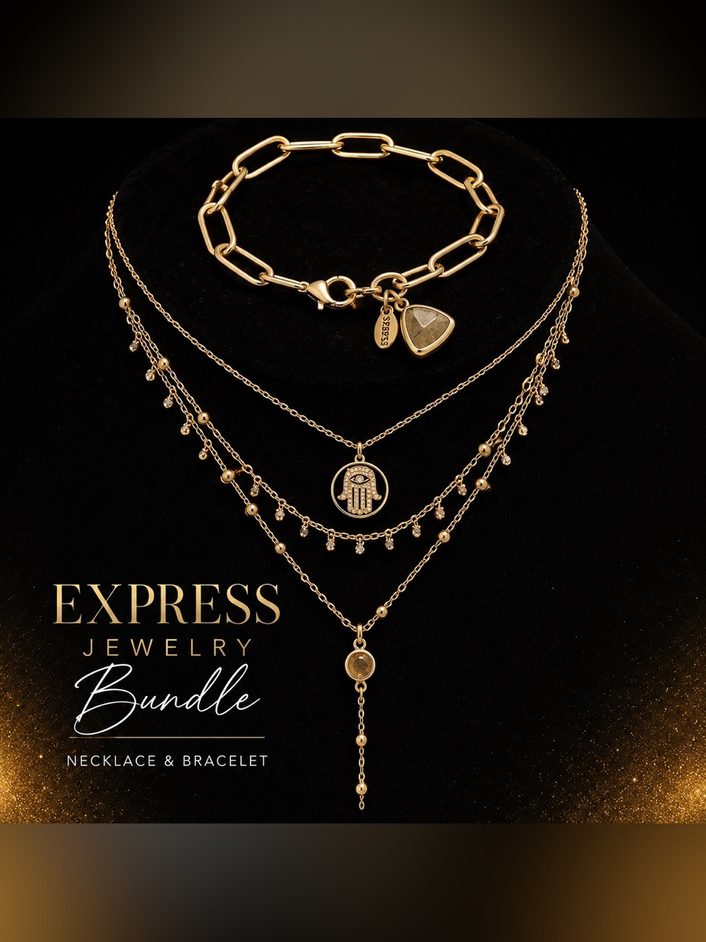 Express Gold-Tone Layered Hamsa Charm Necklace & Paper Clip Bracelet Bundle